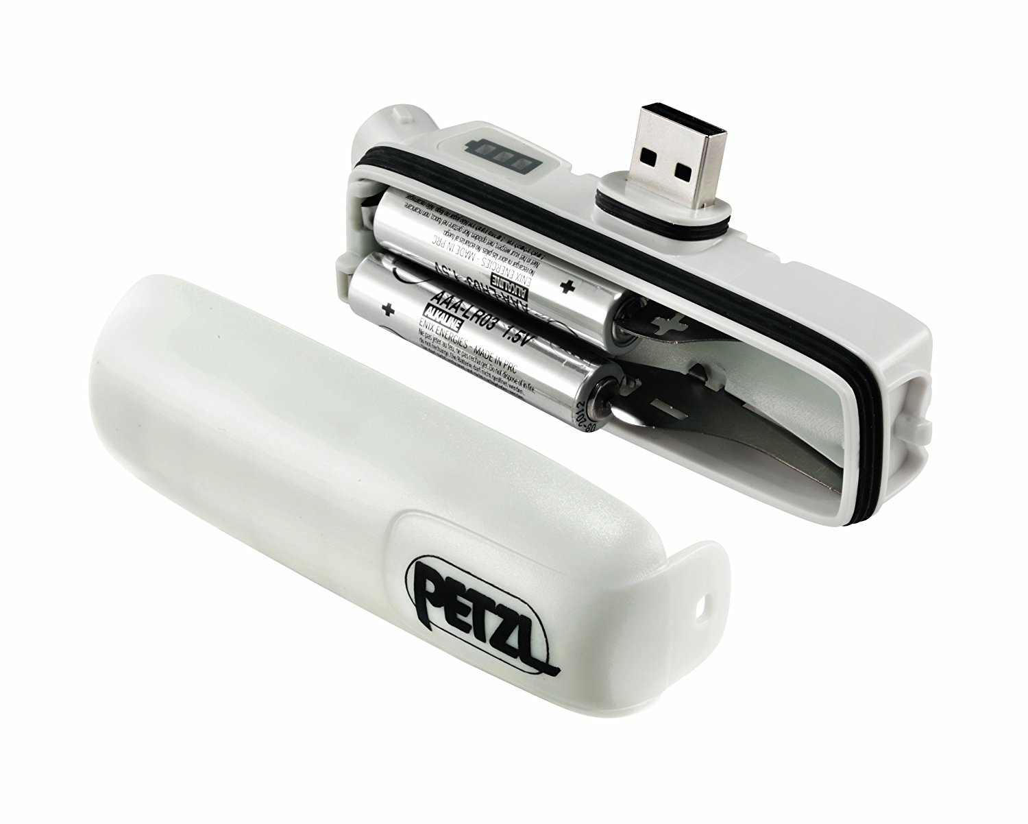 Petzl Nao 2 battery compartment showing AAA batteries installed. Battery compartment for Petzl Nao 2, showing two AAA batteries installed for emergency use.
